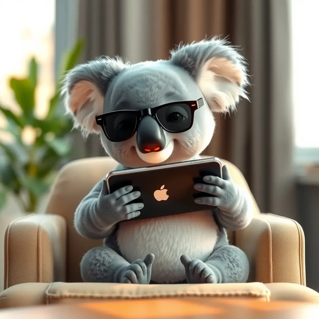 Koala mascot delighted to see the website proposal arrive on a smartphone